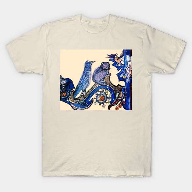 WEIRD MEDEVAL BESTIARY, CAT AND CUCKOO BIRD IN BLUE T-Shirt by BulganLumini